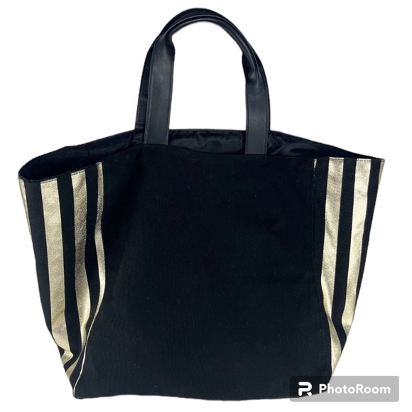 Victoria Secret Tote Bag Black & Gold Striped Weekend Bag Limited Edition 2017 - Picture 2 of 6